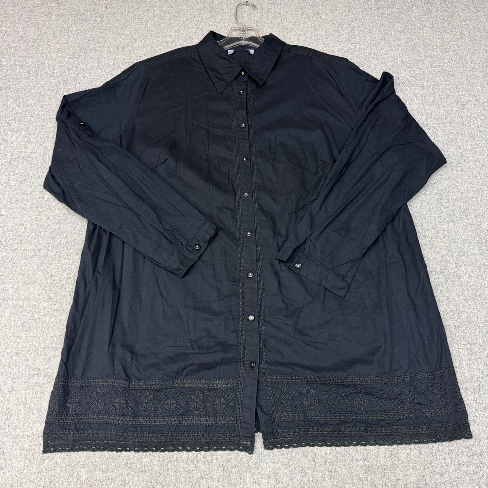 Marina Rinaldi Shirt 29 Black Cotton Embroidered Lace Trim Button Up Tunic Top
